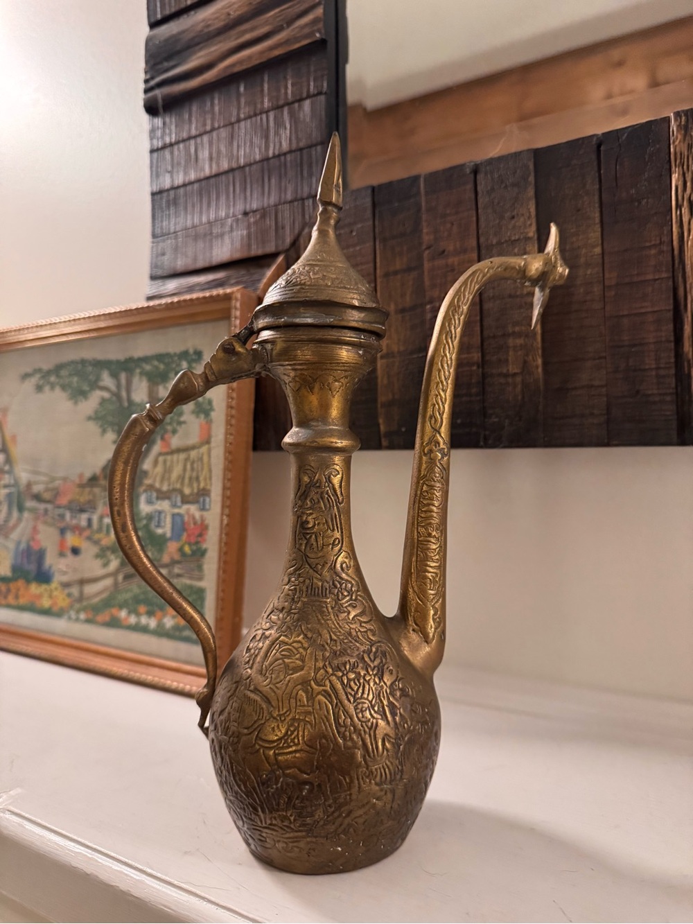 Vintage Ornate Brass Middle Eastern Ewer Dallah Pitcher 10”